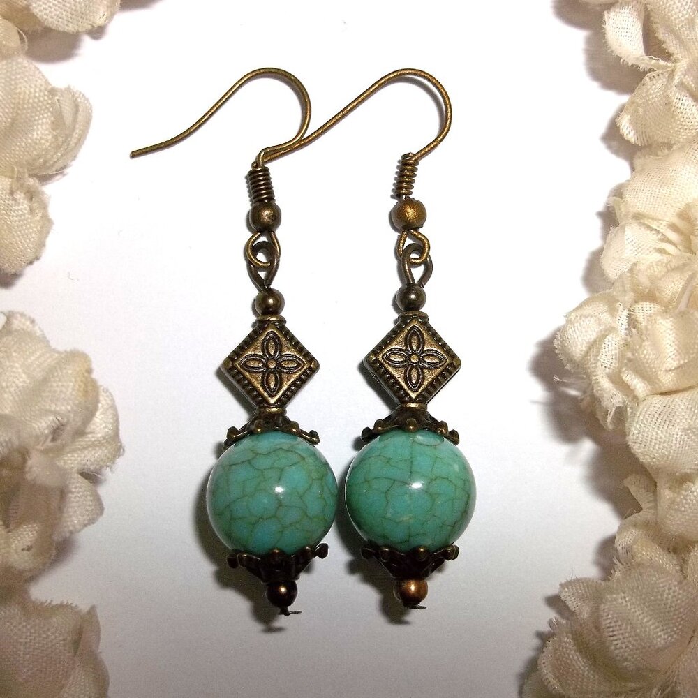 Boho Beaded Earrings Brown Bronze and Turquoise Blue Bohemian Style Set C871